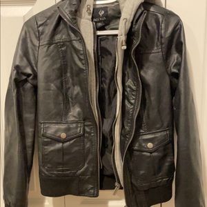 Leather Jacket with Hoodie Trim